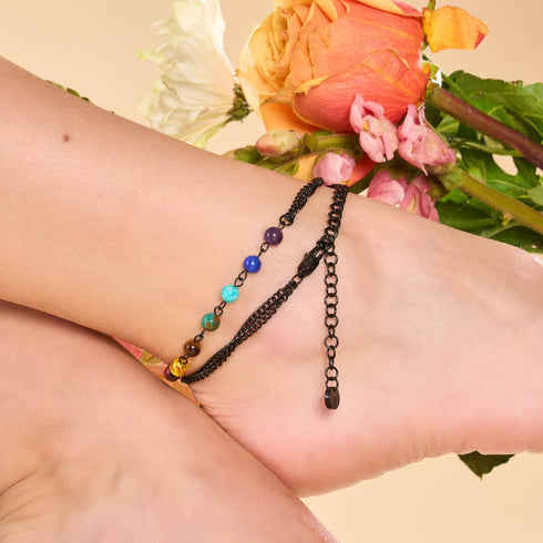 Chakra arc-en-ciel | Chaîne de cheville à 7 pierres précieuses | Bronze